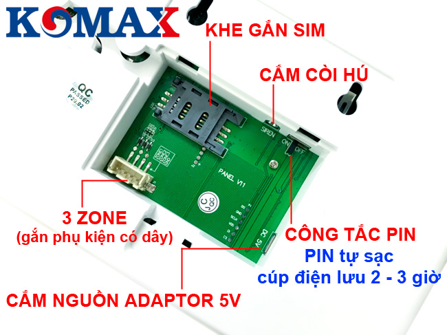 Mặt đáy của bộ báo trộm dùng sim và wifi Komax KM-G30